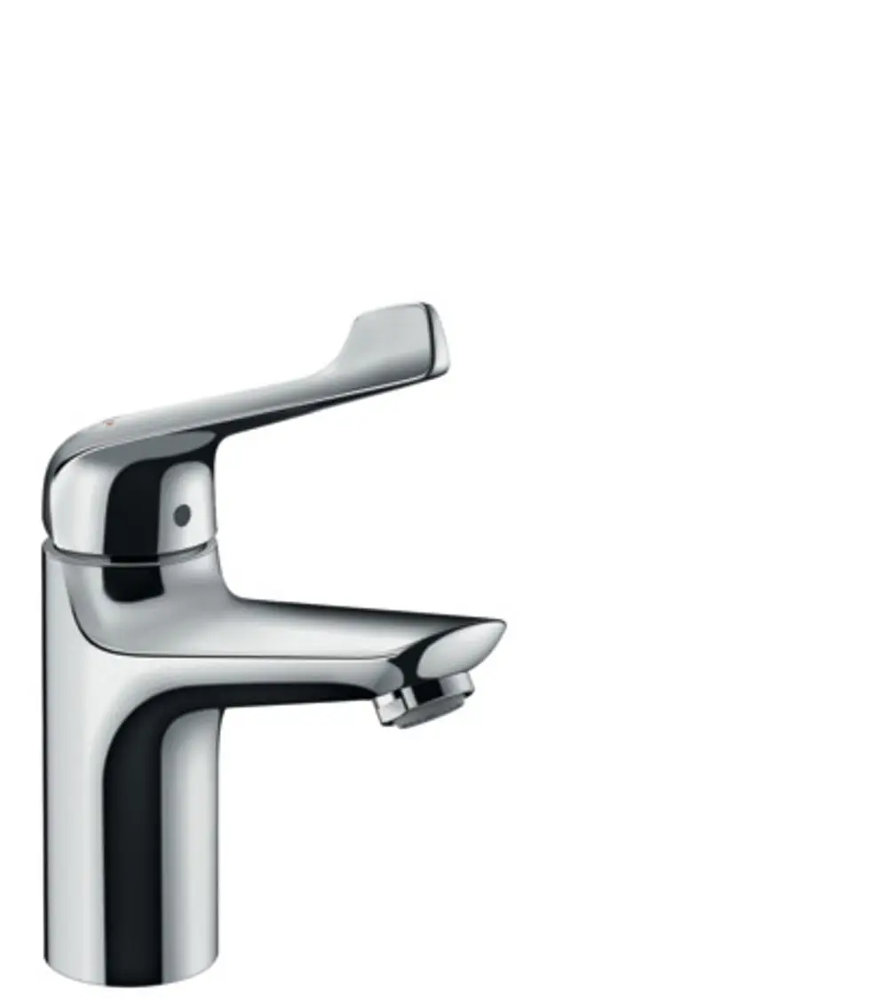 Einhebel-Waschtischmischer aus Chrom von Hansgrohe mit einem langen Griff und einer Zugstangen-Ablaufgarnitur, geeignet für moderne Waschbecken.